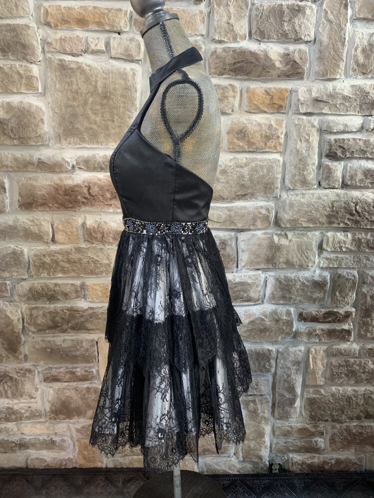 Black Satin Halter Dress with Lace Skirt