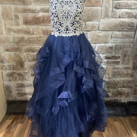 Aspeed Navy Applique Beaded Bodice with Ruffled Bottom, Size L