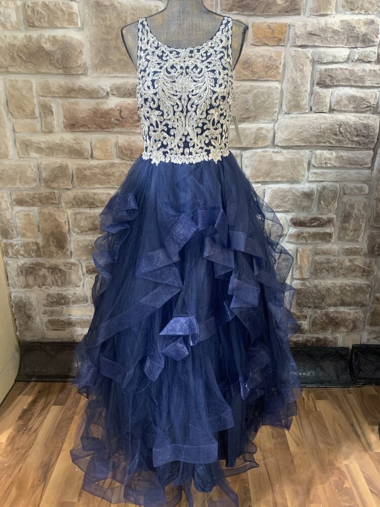 Aspeed Navy Applique Beaded Bodice with Ruffled Bottom, Size L