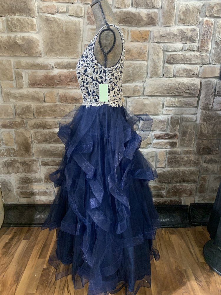 Aspeed Navy Applique Beaded Bodice with Ruffled Bottom, Size L