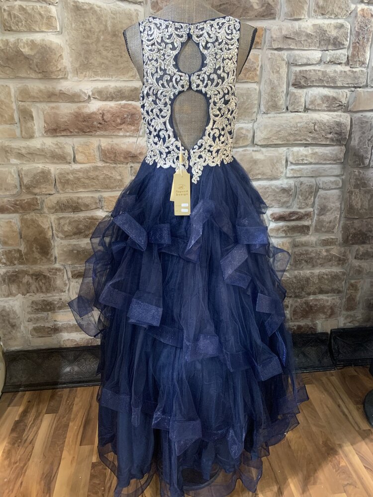 Aspeed Navy Applique Beaded Bodice with Ruffled Bottom, Size L