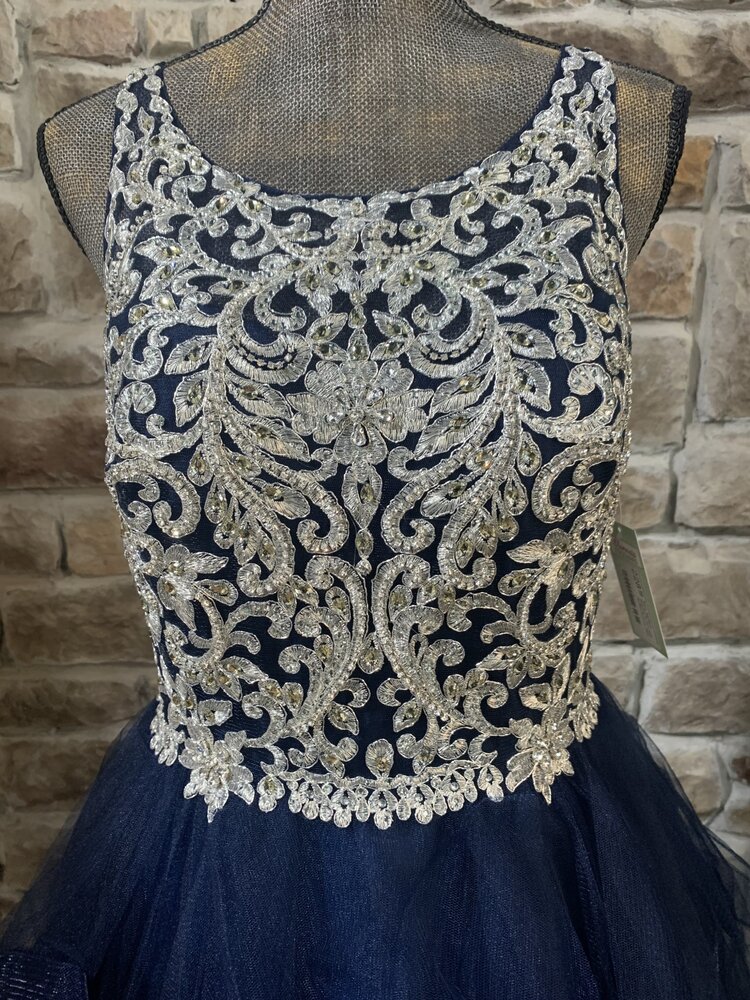 Aspeed Navy Applique Beaded Bodice with Ruffled Bottom, Size L