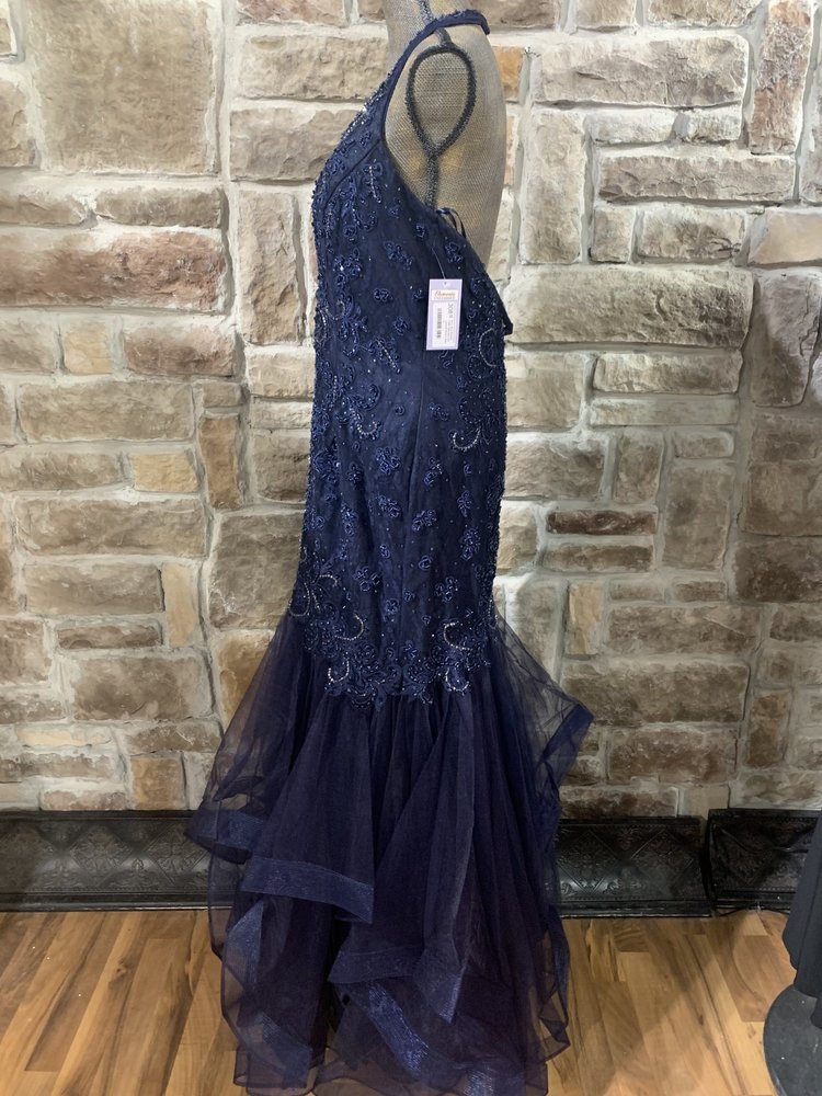 Navy Blue Beaded Halter Mermaid with Layered Bottom