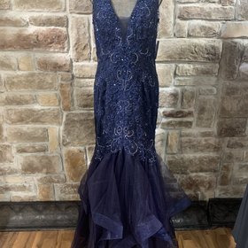 Navy Blue Beaded Halter Mermaid with Layered Bottom