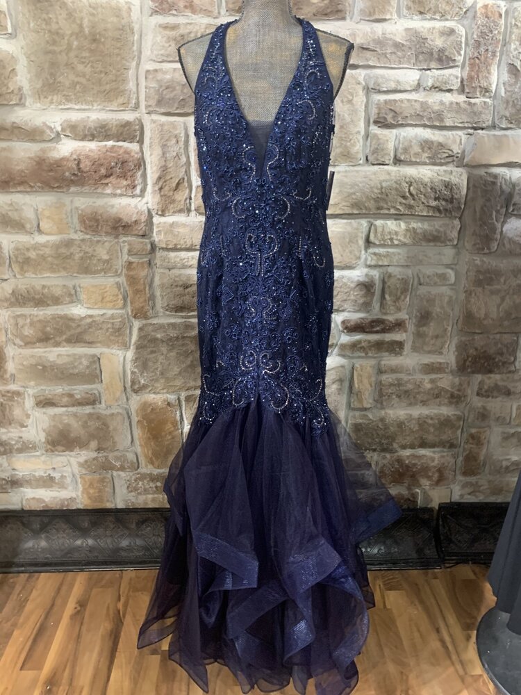 Navy Blue Beaded Halter Mermaid with Layered Bottom