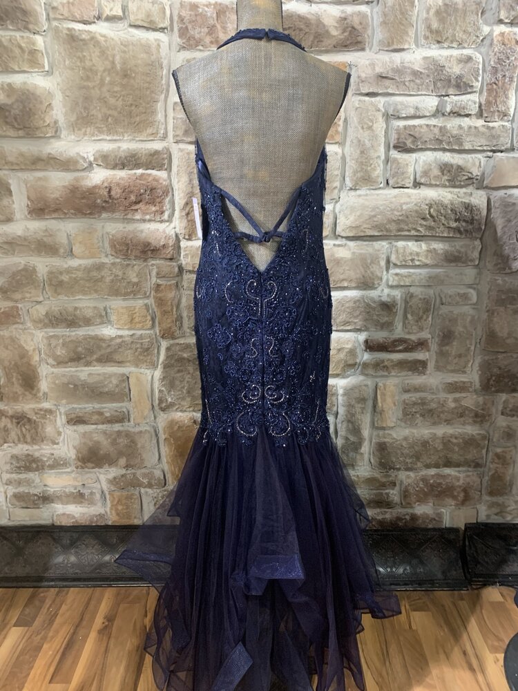 Navy Blue Beaded Halter Mermaid with Layered Bottom