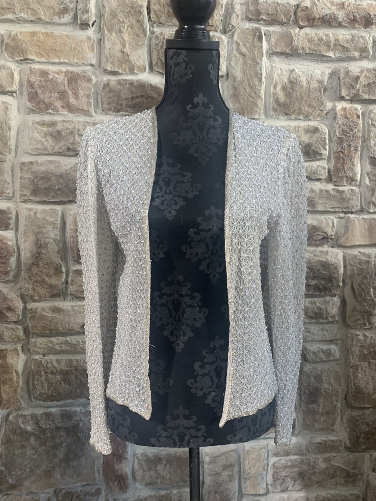 Adrianna Papell Taupe Pearl Beaded Jacket, Size 8
