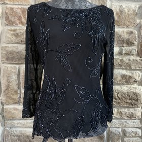 Jkara Black Beaded Long Sleeve Top, Size M