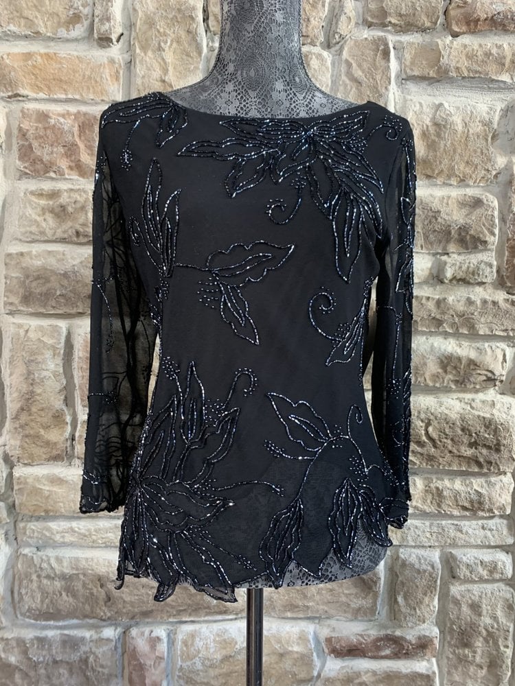 Jkara Black Beaded Long Sleeve Top, Size M
