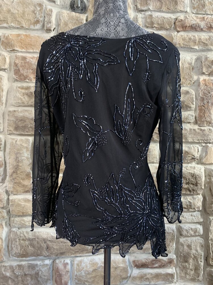 Jkara Black Beaded Long Sleeve Top, Size M