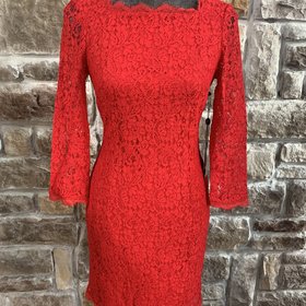 Adrianna Papell Red Lace Long Sleeve Zip Back Dress, Size 4
