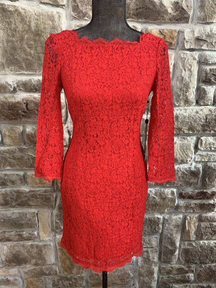 Adrianna Papell Red Lace Long Sleeve Zip Back Dress, Size 4