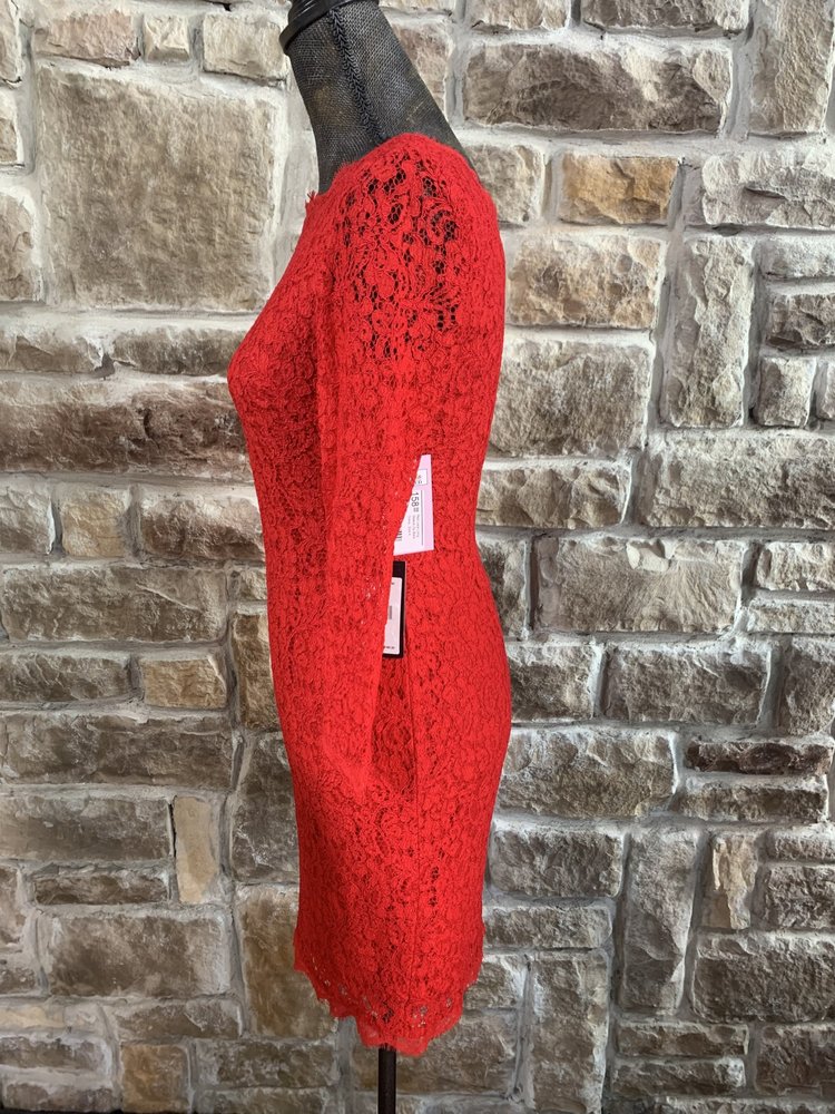 Adrianna Papell Red Lace Long Sleeve Zip Back Dress, Size 4