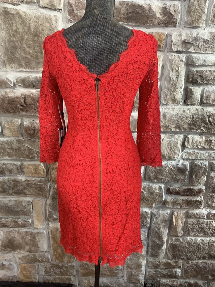 Adrianna Papell Red Lace Long Sleeve Zip Back Dress, Size 4