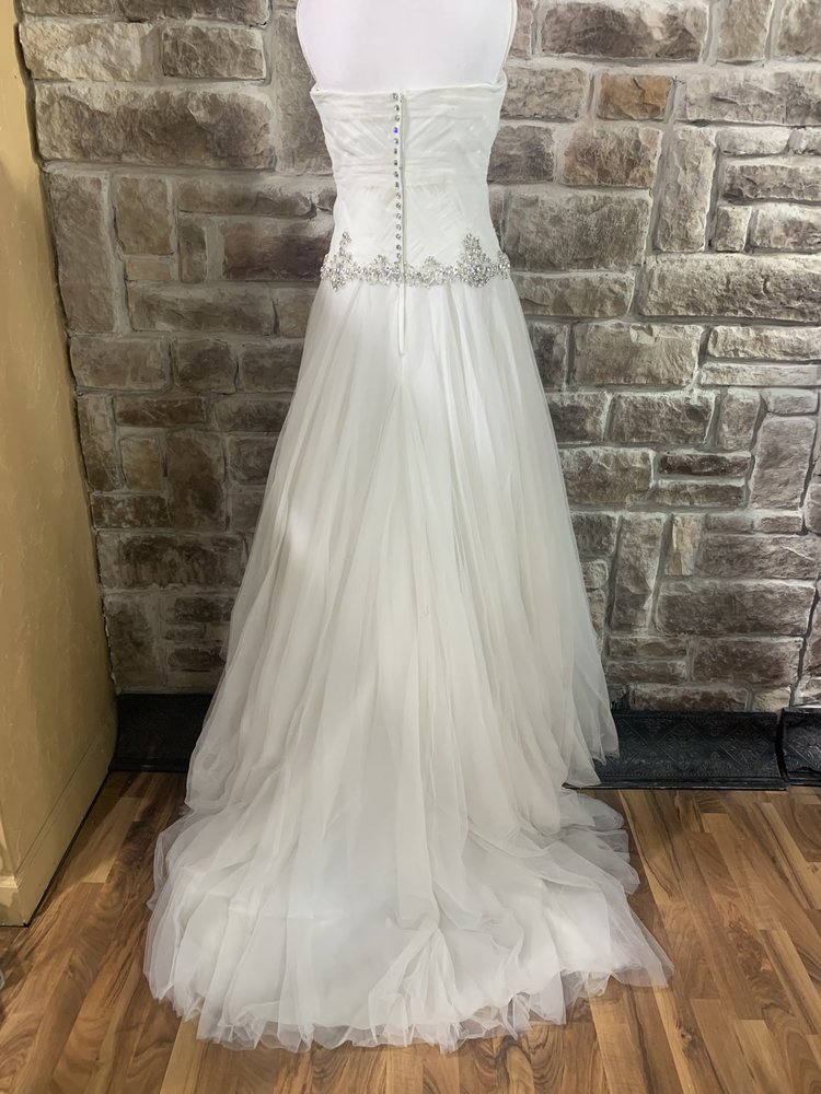 Mon Cheri White Strapless Wedding Gown with Rhinestones and Tulle, Size 14