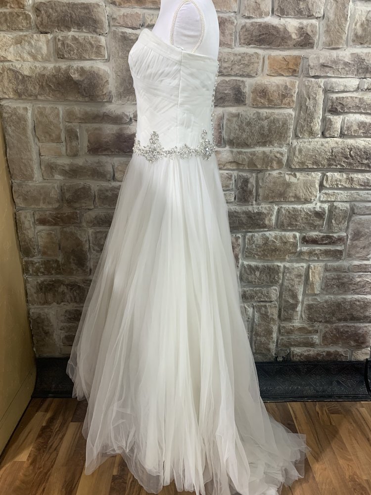 Mon Cheri White Strapless Wedding Gown with Rhinestones and Tulle, Size 14