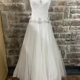 Mon Cheri White Strapless Wedding Gown with Rhinestones and Tulle, Size 14
