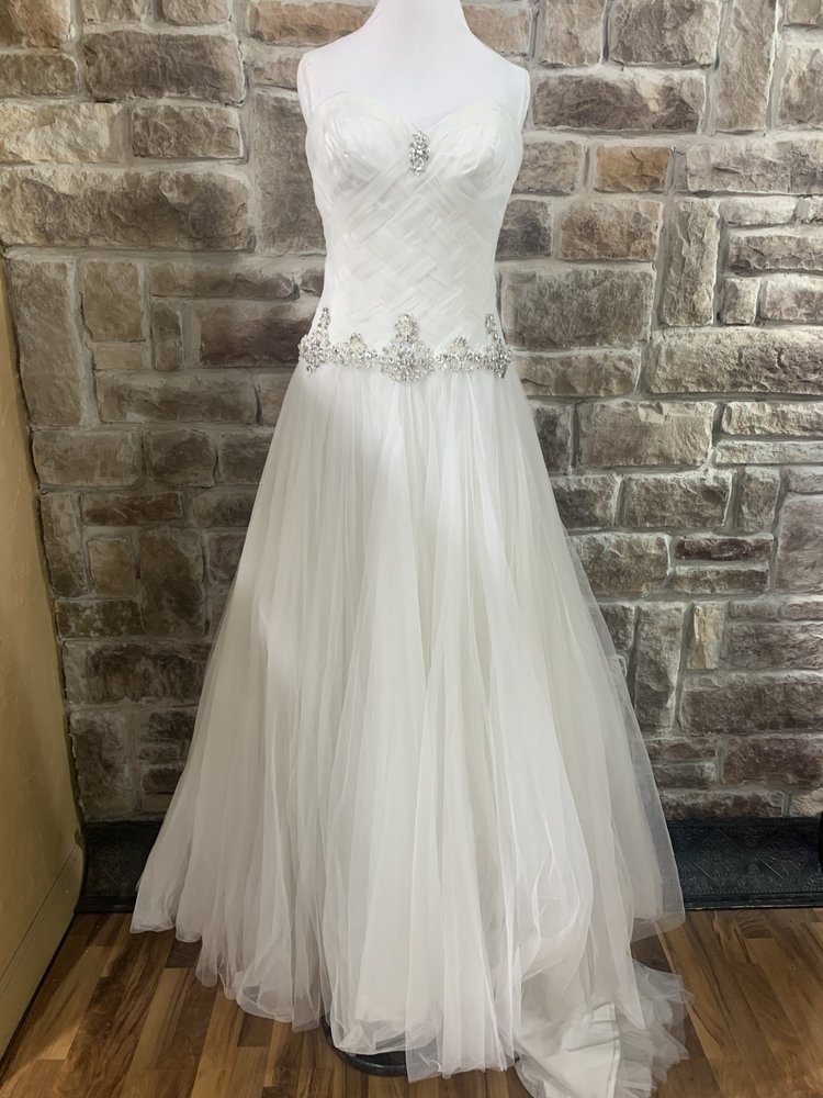 Mon Cheri White Strapless Wedding Gown with Rhinestones and Tulle, Size 14