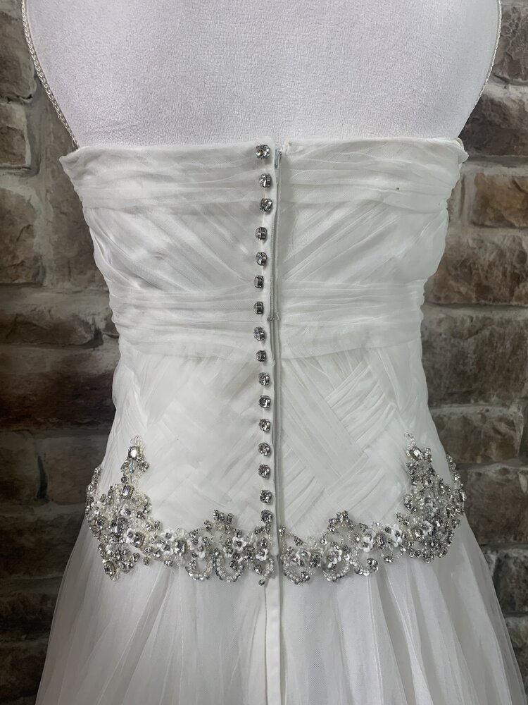 Mon Cheri White Strapless Wedding Gown with Rhinestones and Tulle, Size 14