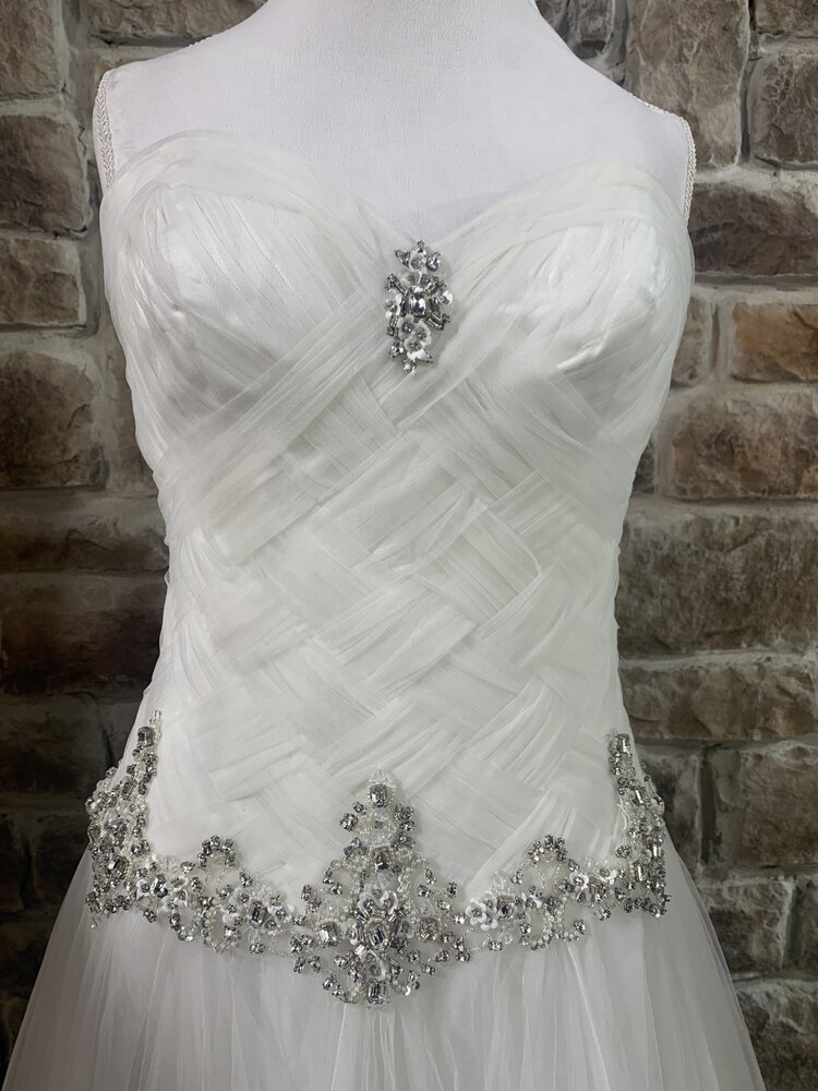 Mon Cheri White Strapless Wedding Gown with Rhinestones and Tulle, Size 14