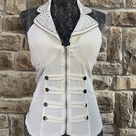 Hearts Rob White Beaded Sailor Collar Zip Front Halter Top