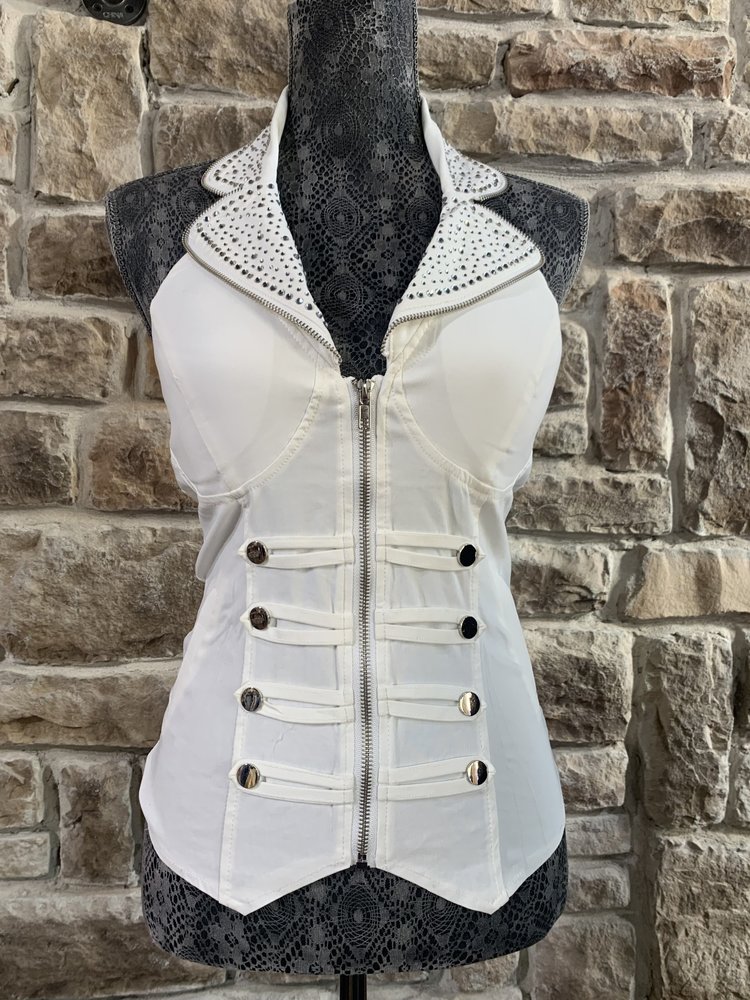 Hearts Rob White Beaded Sailor Collar Zip Front Halter Top