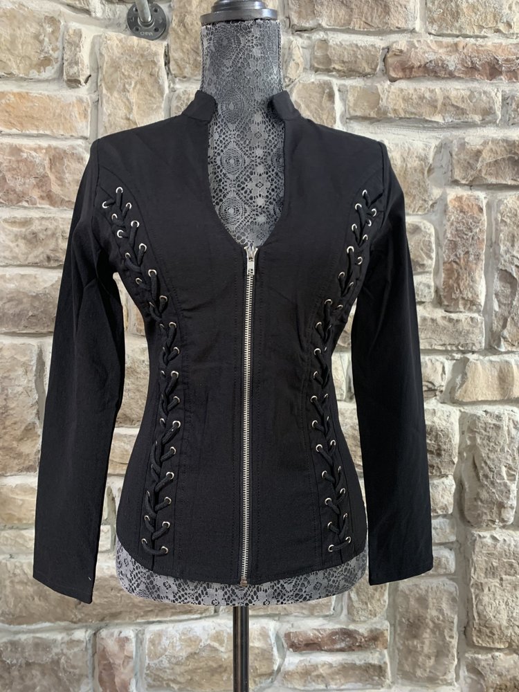 Hearts Rob Black Lace-Up Front Zip Up Jacket