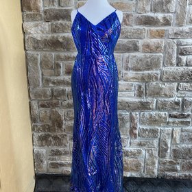 TLC Say Yes to the Prom Royal Blue V-Neck Geometric Sequin Gown, Size 15