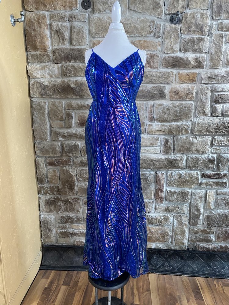 TLC Say Yes to the Prom Royal Blue V-Neck Geometric Sequin Gown, Size 15
