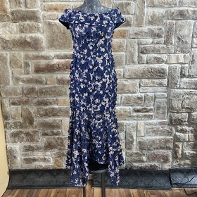 Xscape Raised Flower Off the Shoulder Flounce Midi Gown, Size 8