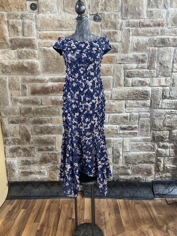 Xscape Raised Flower Off the Shoulder Flounce Midi Gown, Size 8