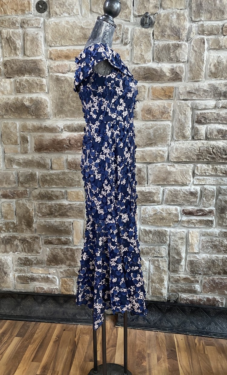 Xscape Raised Flower Off the Shoulder Flounce Midi Gown, Size 8