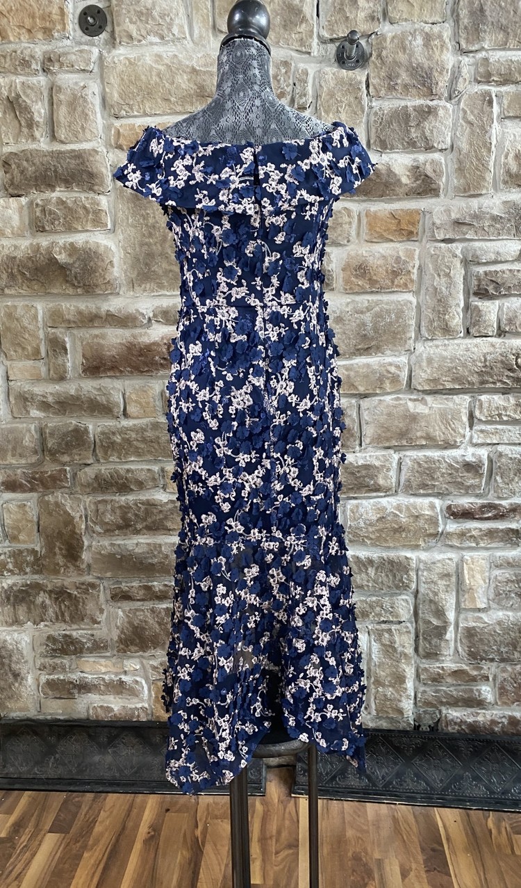 Xscape Raised Flower Off the Shoulder Flounce Midi Gown, Size 8