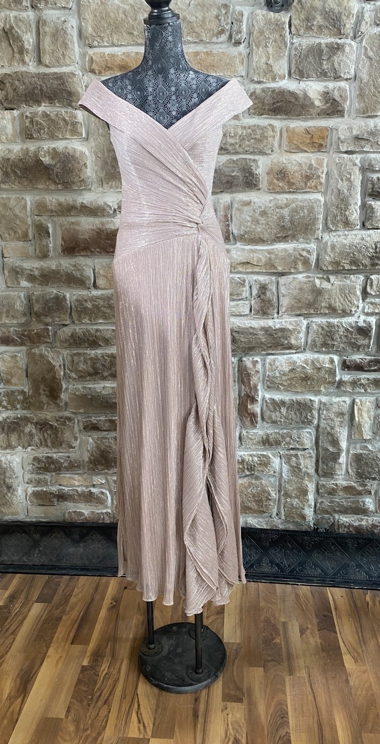 Xscape Rose Beige Metallic Portrait Collar Gown, Size 4