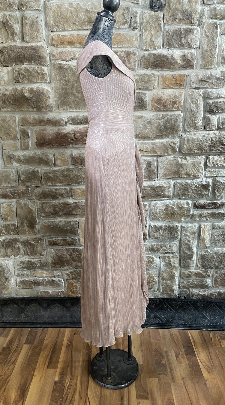 Xscape Rose Beige Metallic Portrait Collar Gown, Size 4
