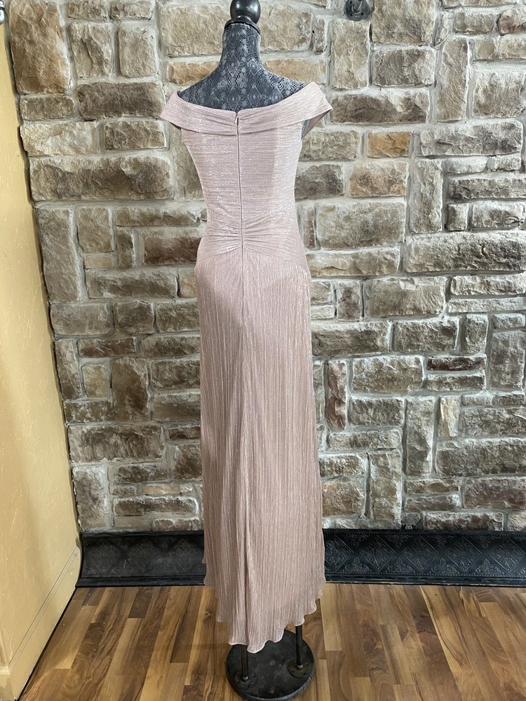 Xscape Rose Beige Metallic Portrait Collar Gown, Size 4