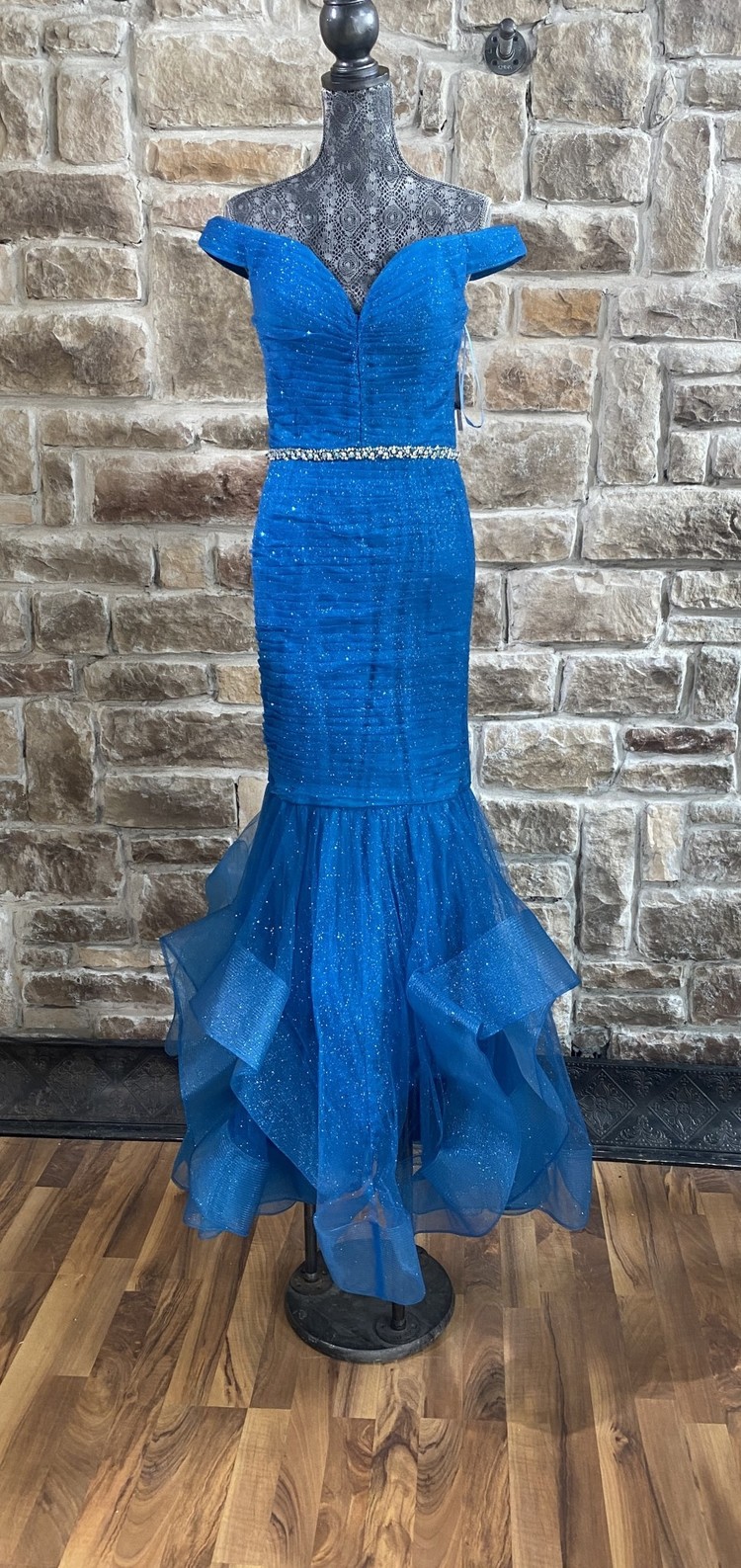 Glamour Glittery Cerulean  Blue Off Shoulder Mermaid Style Dress, Size 12