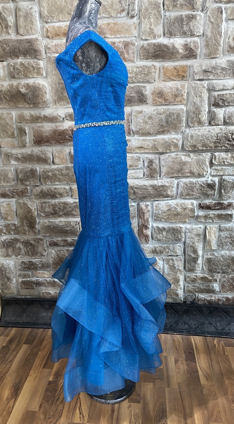 Glamour Glittery Cerulean  Blue Off Shoulder Mermaid Style Dress, Size 12