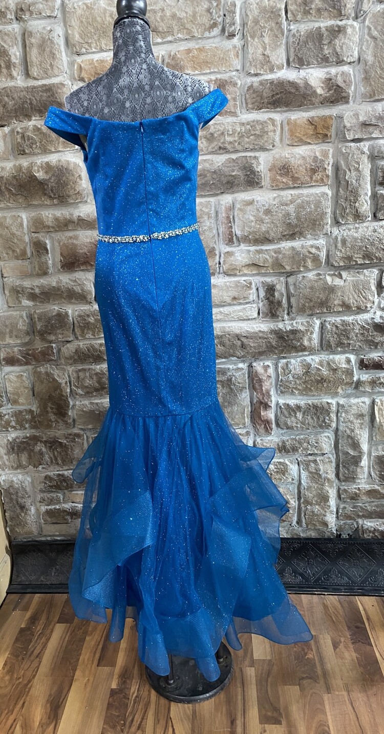 Glamour Glittery Cerulean  Blue Off Shoulder Mermaid Style Dress, Size 12
