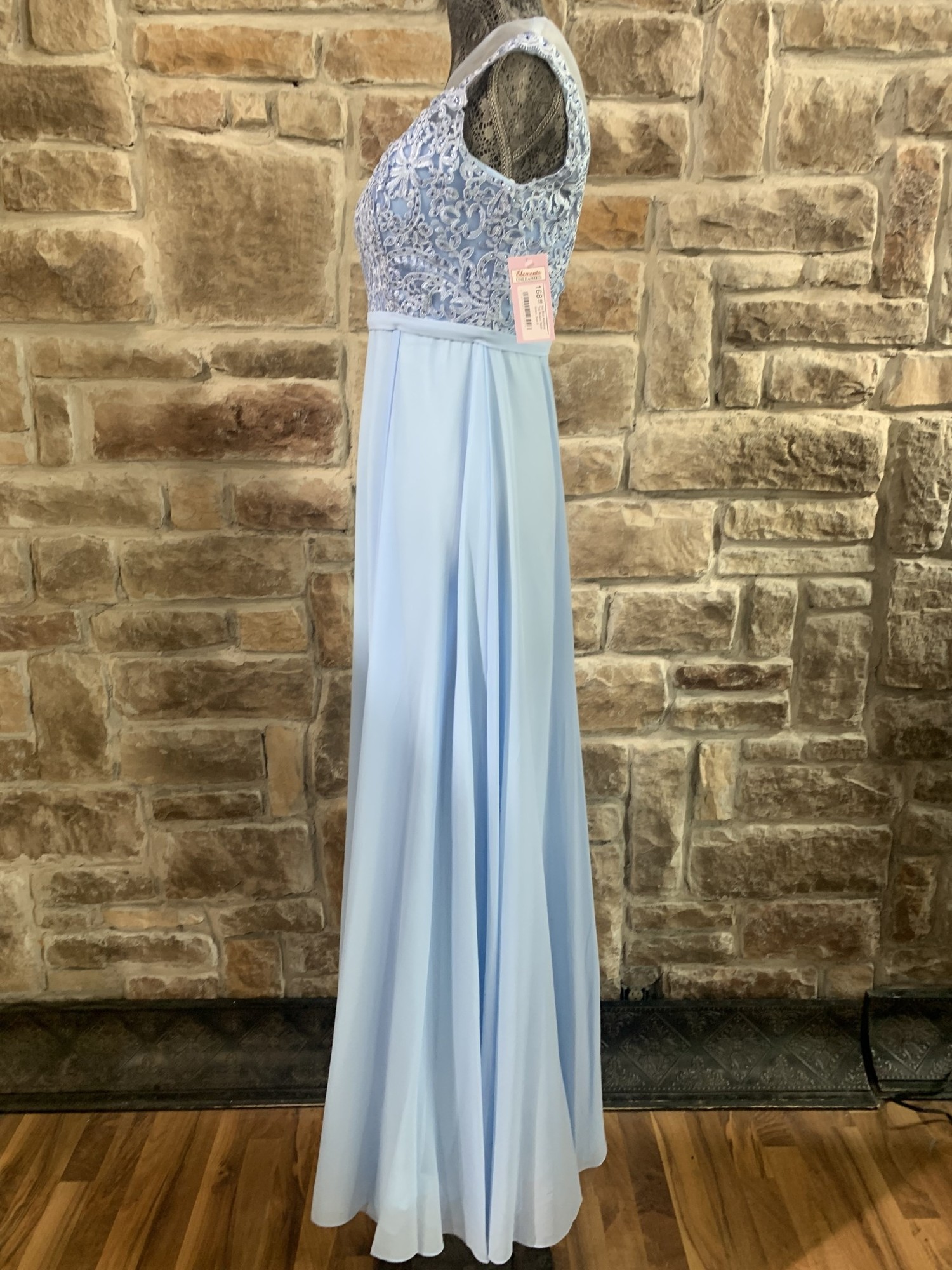 Ice Blue Applique Top Illusion Neck Gown, Size S - Elements Unleashed Ice Blue Applique Top Illusion Neck Gown, Size S - Elements Unleashed