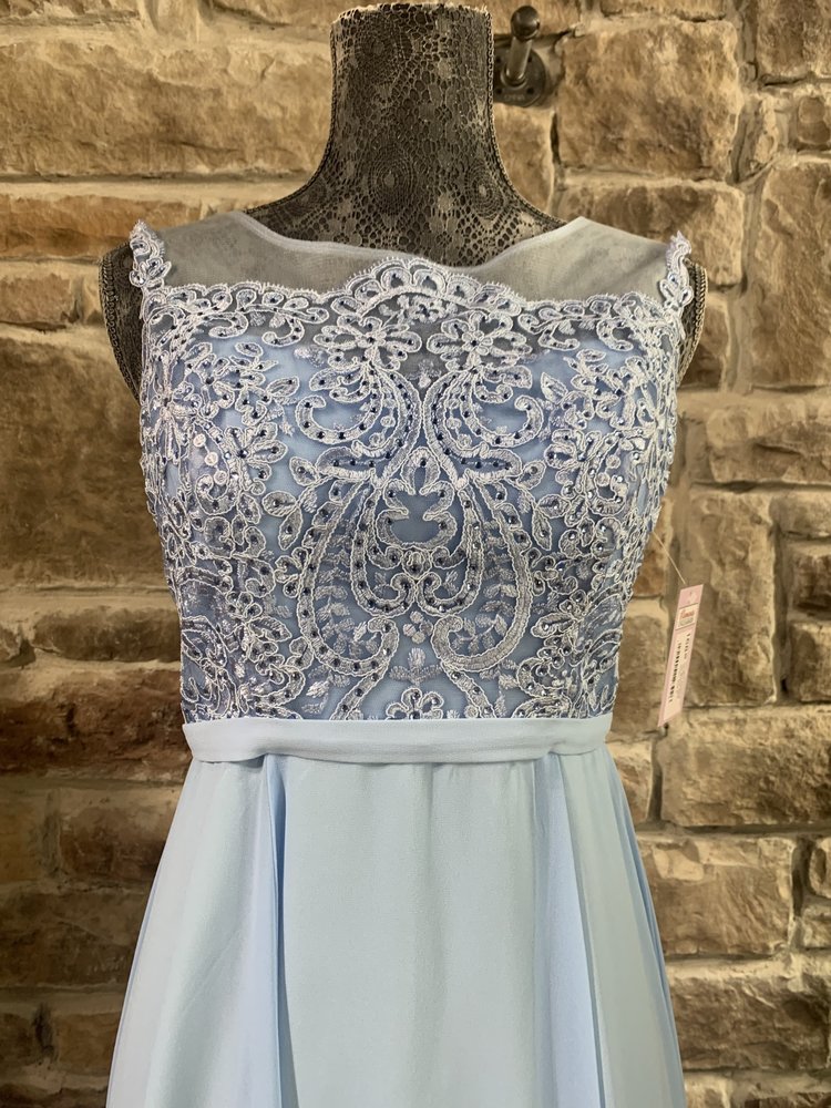 Nox Anabel Ice Blue Applique Top Illusion Neck Gown, Size S