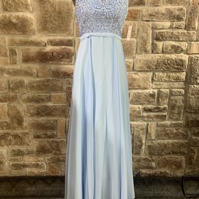 Nox Anabel Ice Blue Applique Top Illusion Neck Gown, Size S