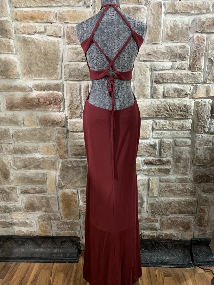 Nox Anabel Burgundy Halter Open Back Gown, Size XL