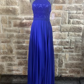 Nox Anabel Royal Blue Lace Top Halter Gown, Size S