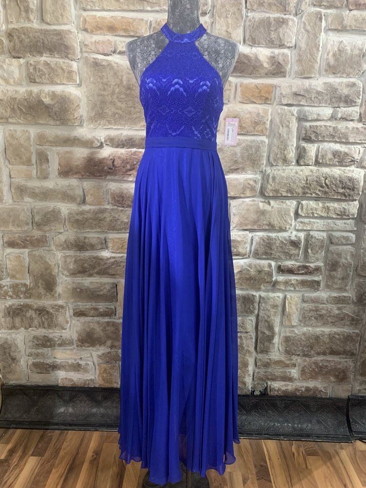 Nox Anabel Royal Blue Lace Top Halter Gown, Size S