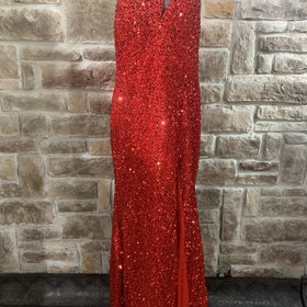 Ladivine Red One Shoulder Illusion Sides Sequin Gown, Size 18