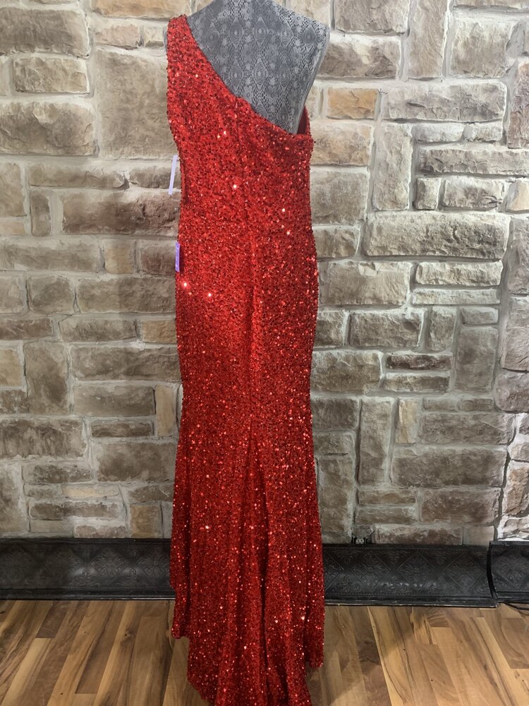 Ladivine Red One Shoulder Illusion Sides Sequin Gown, Size 18