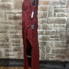 Cinderella Divine Burgundy Sequin V Neck High Slit Gown
