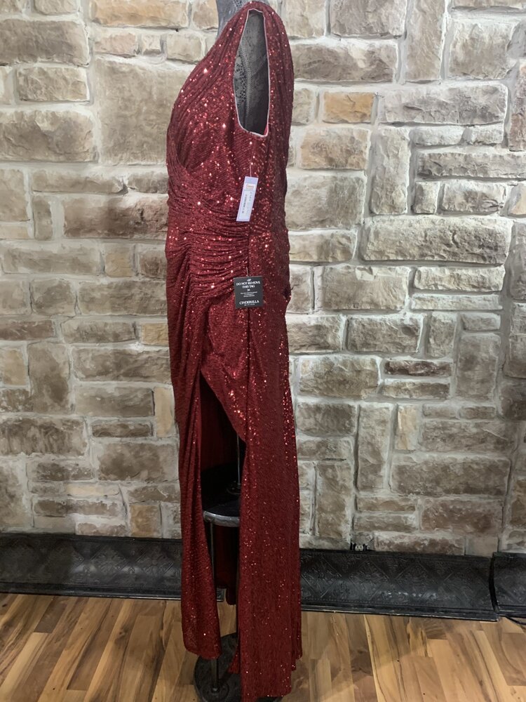 Cinderella Divine Burgundy Sequin V Neck High Slit Gown