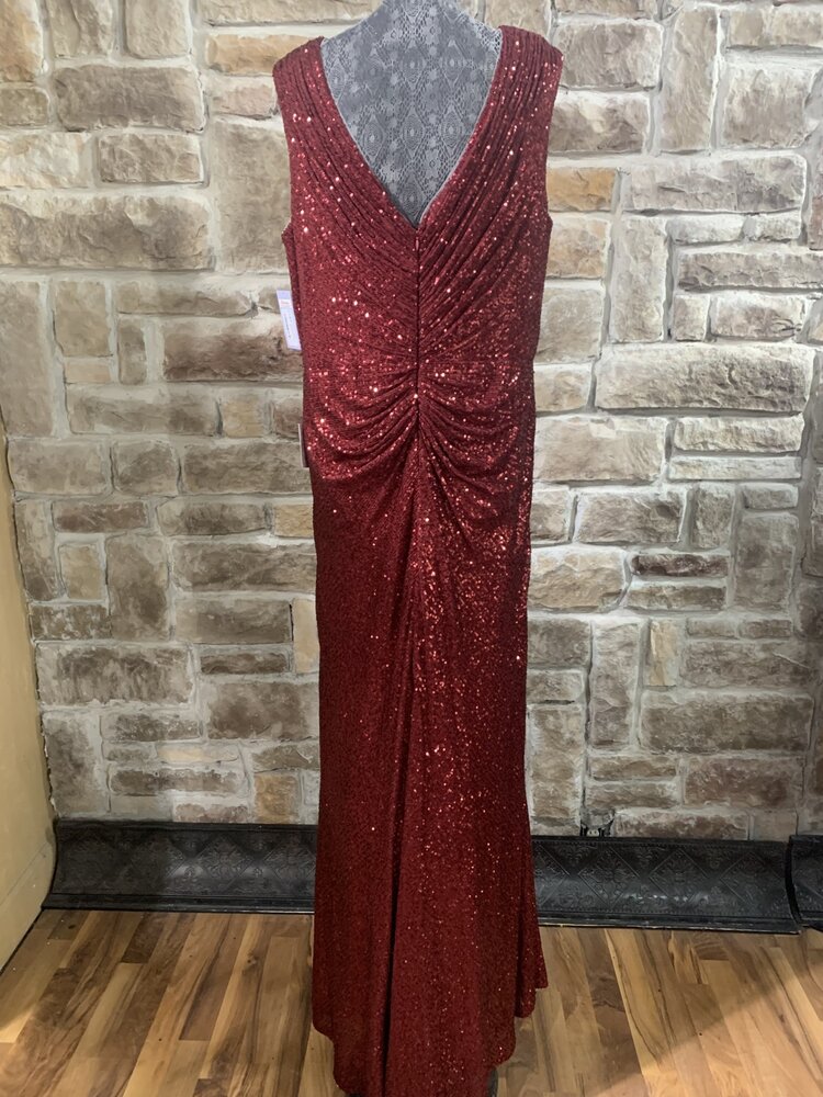 Cinderella Divine Burgundy Sequin V Neck High Slit Gown